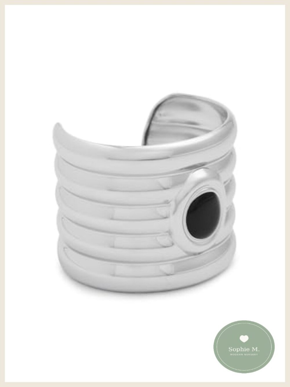 Silver-Tone Cuff Bracelet with Smooth Ridges and Enamel Center